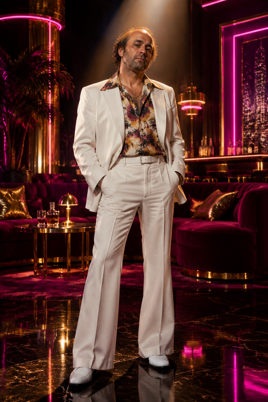 Retro hero in a leisure suit in a neon lounge