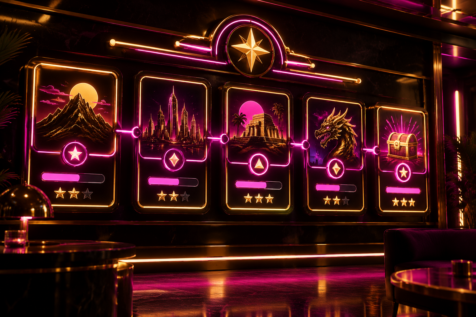 Quest board with linked nodes and progress bars
