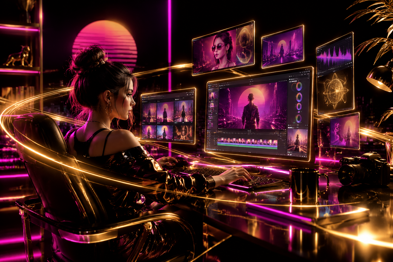 Creator generating content at a neon workstation