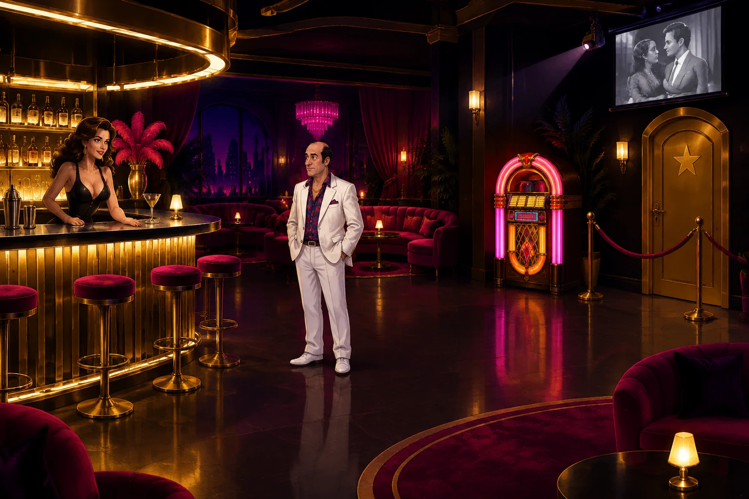 The Velvet Circuit playable lounge scene